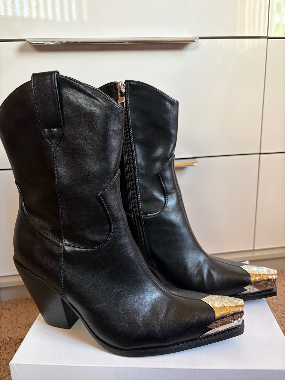 Fashion Nova Black Western Heel Boots with Silver Toe